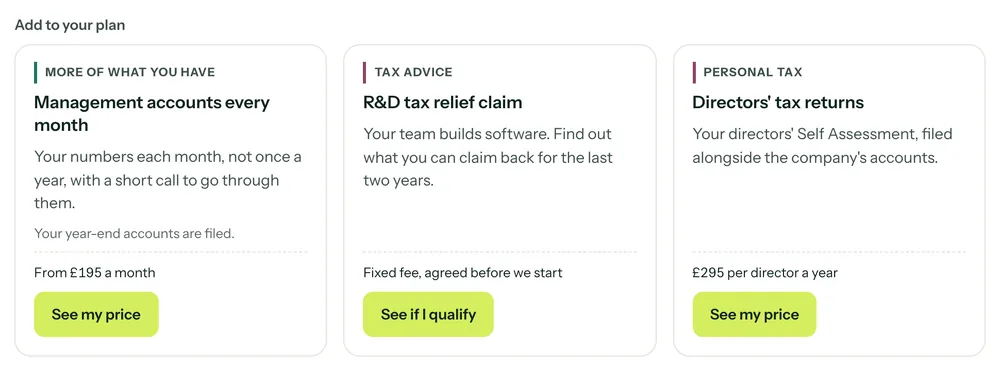 Accounting edition, step 1: Northgate Studio Ltd sees three offers, management accounts every month from £195, an R&D tax relief claim and directors' tax returns, each with one button.