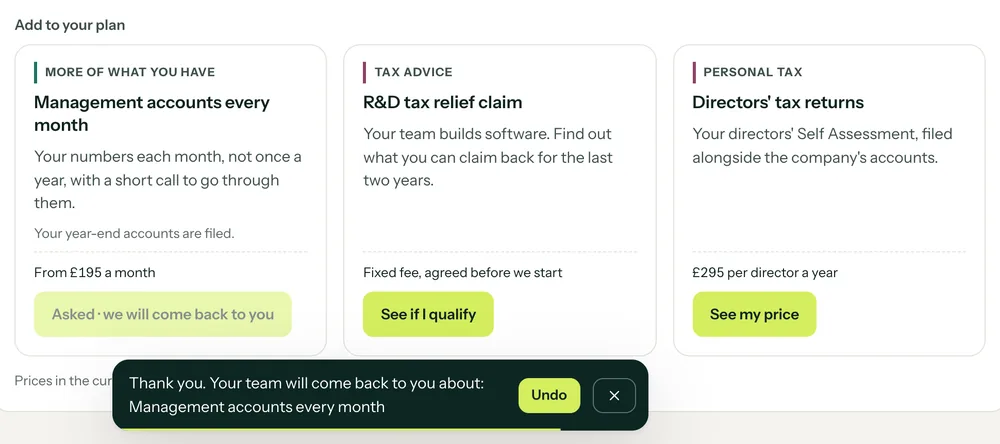 Accounting edition, step 2: after Northgate Studio Ltd asks about management accounts, the button reads Asked, we will come back to you, and a note thanks them, with Undo.