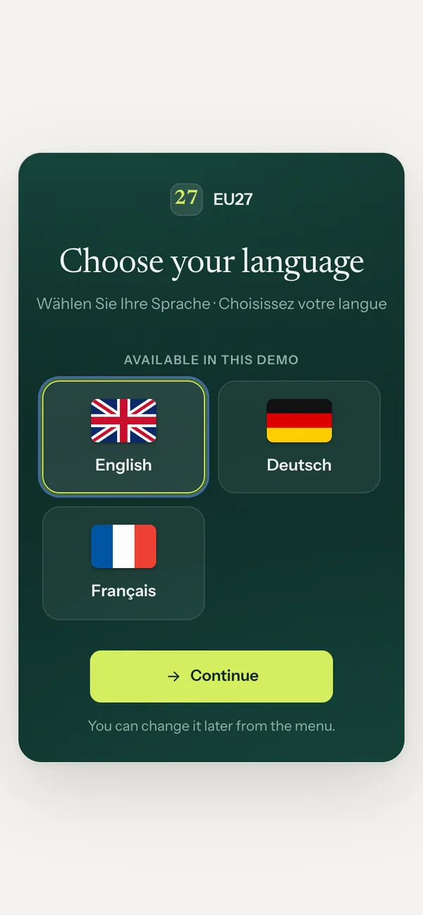 A new client's first screen in the accounting edition: choose your language, English, Deutsch or Français