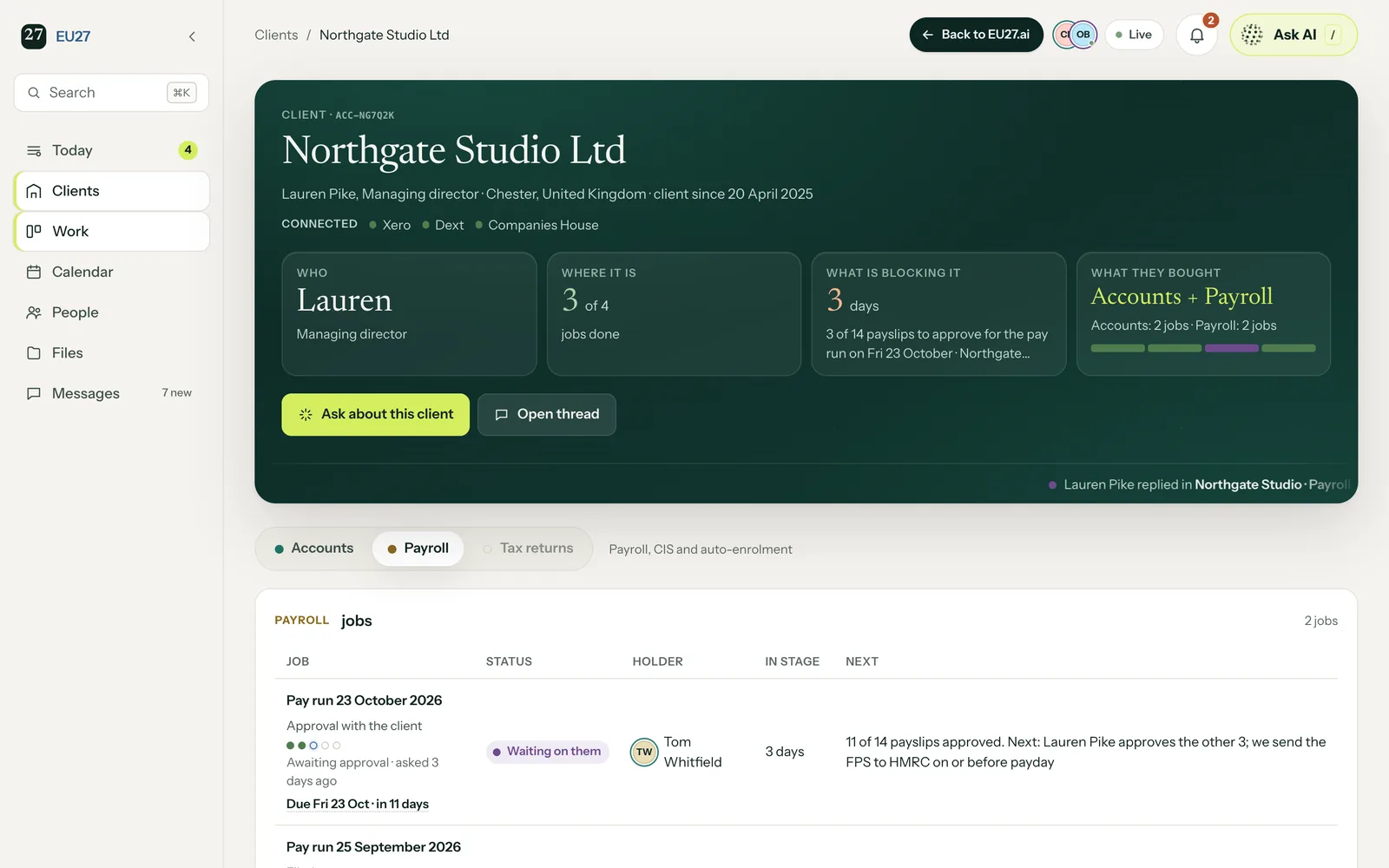 Accounting edition, owner's record of Northgate Studio Ltd: Xero, Dext and Companies House connected, 3 of 4 jobs done, the pay run of 23 October waiting on 3 of 14 payslip approvals.