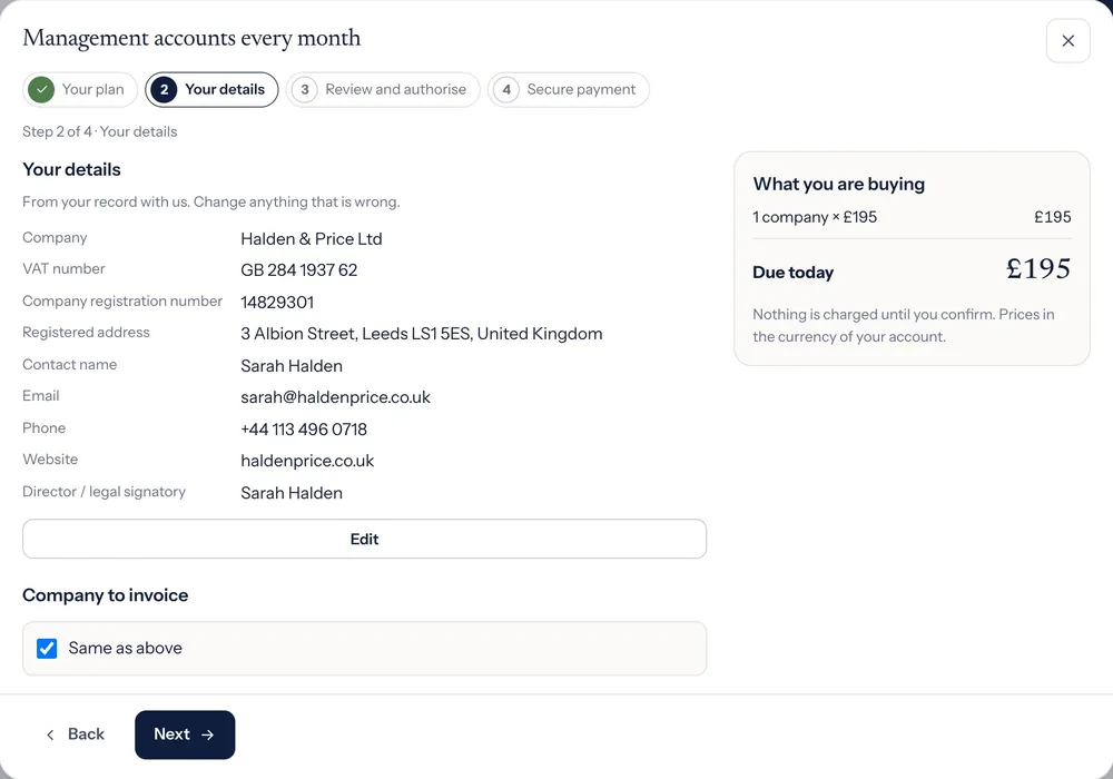 Their company, VAT number, address and contact already filled in from their record