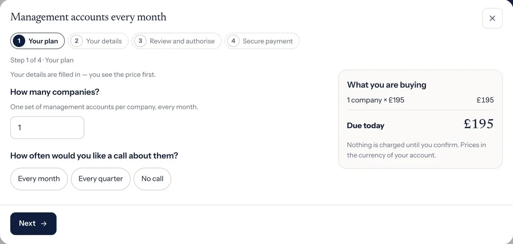 The checkout: the price shown before any form