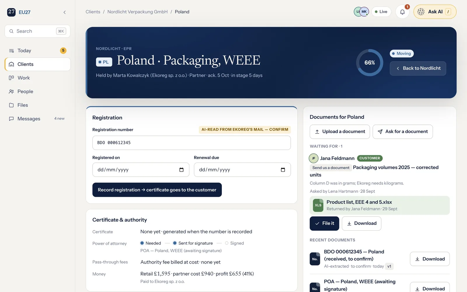 The same work on your desk: Poland for a fictional client, packaging and WEEE, held by the Polish registrar, acknowledged on 5 October, five days in this stage