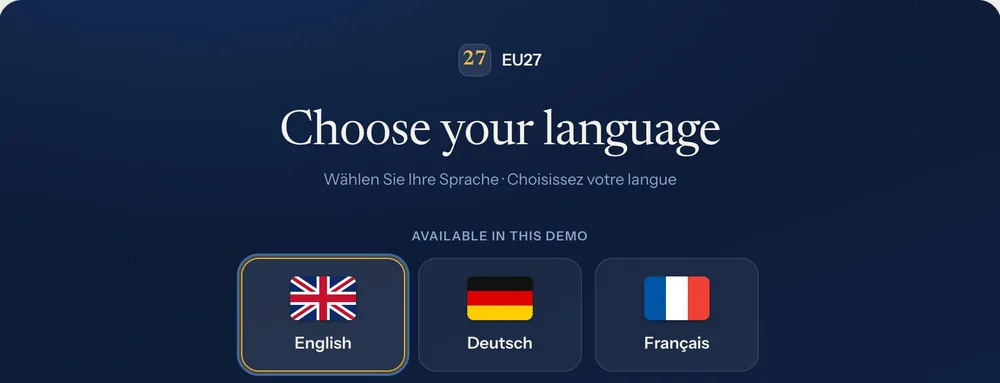 The first screen: choose your language, English, Deutsch or Français