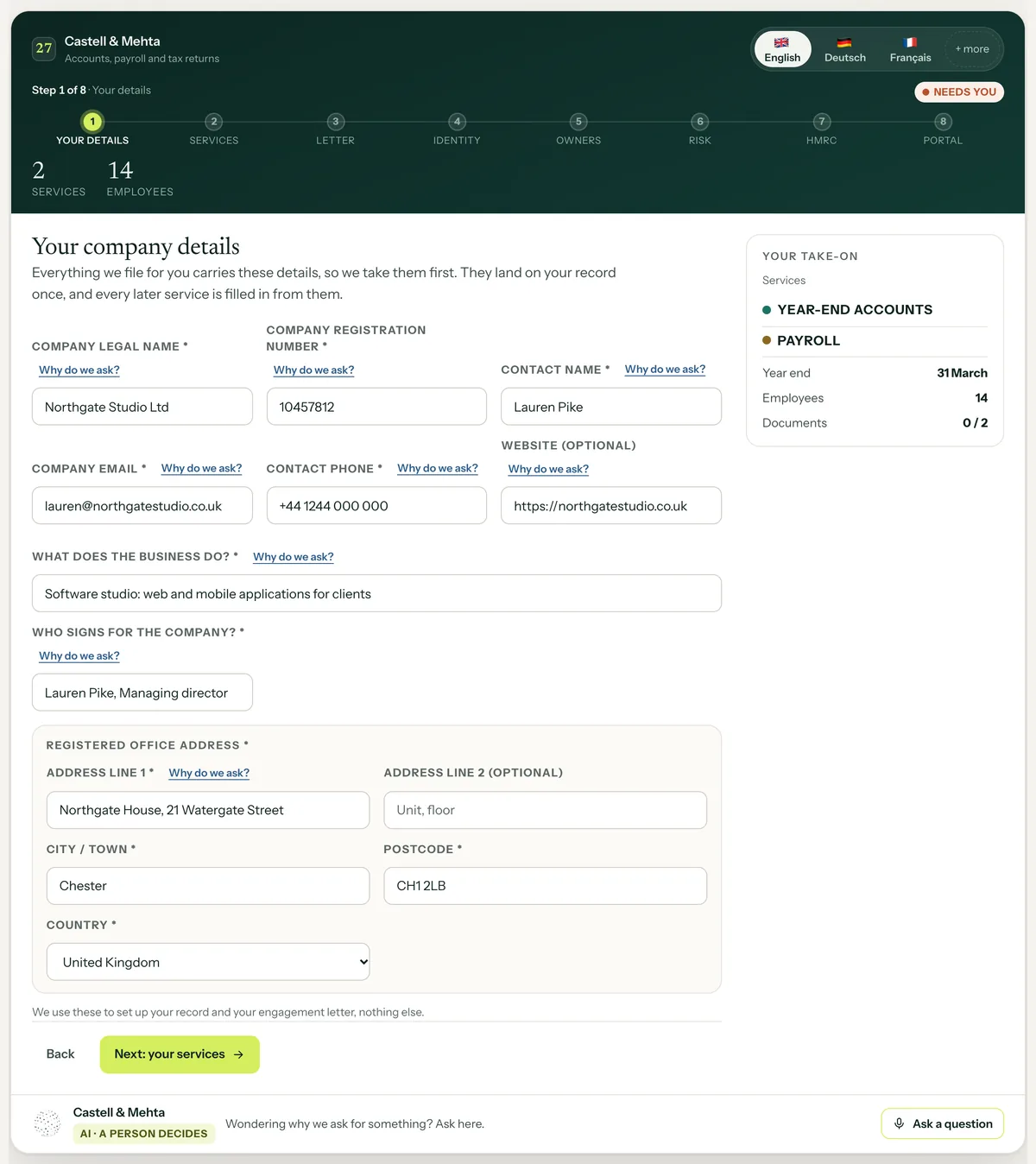 Accounting onboarding demo, step 1 of 8: Castell & Mehta take on Northgate Studio Ltd, company details pre-filled, year-end accounts and payroll, year end 31 March, 14 employees.