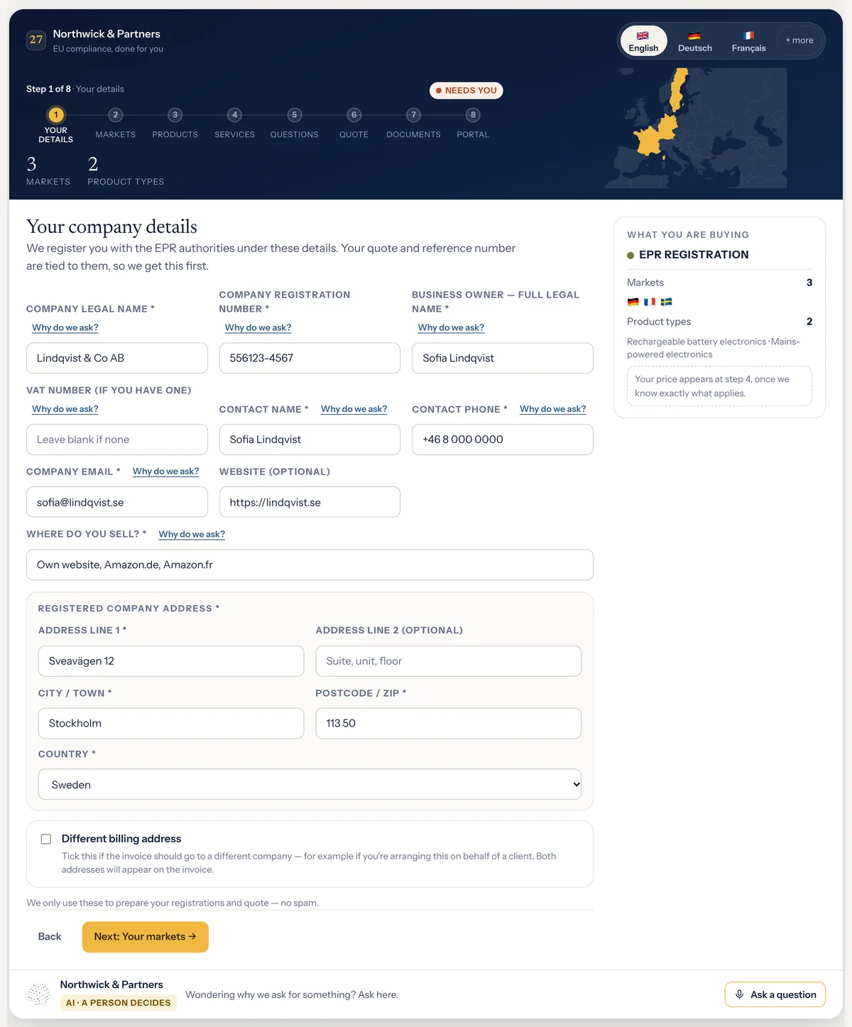 Compliance onboarding demo, step 1 of 8: Northwick & Partners take on Lindqvist & Co AB, company details pre-filled, EPR registration in 3 markets, 2 product types.