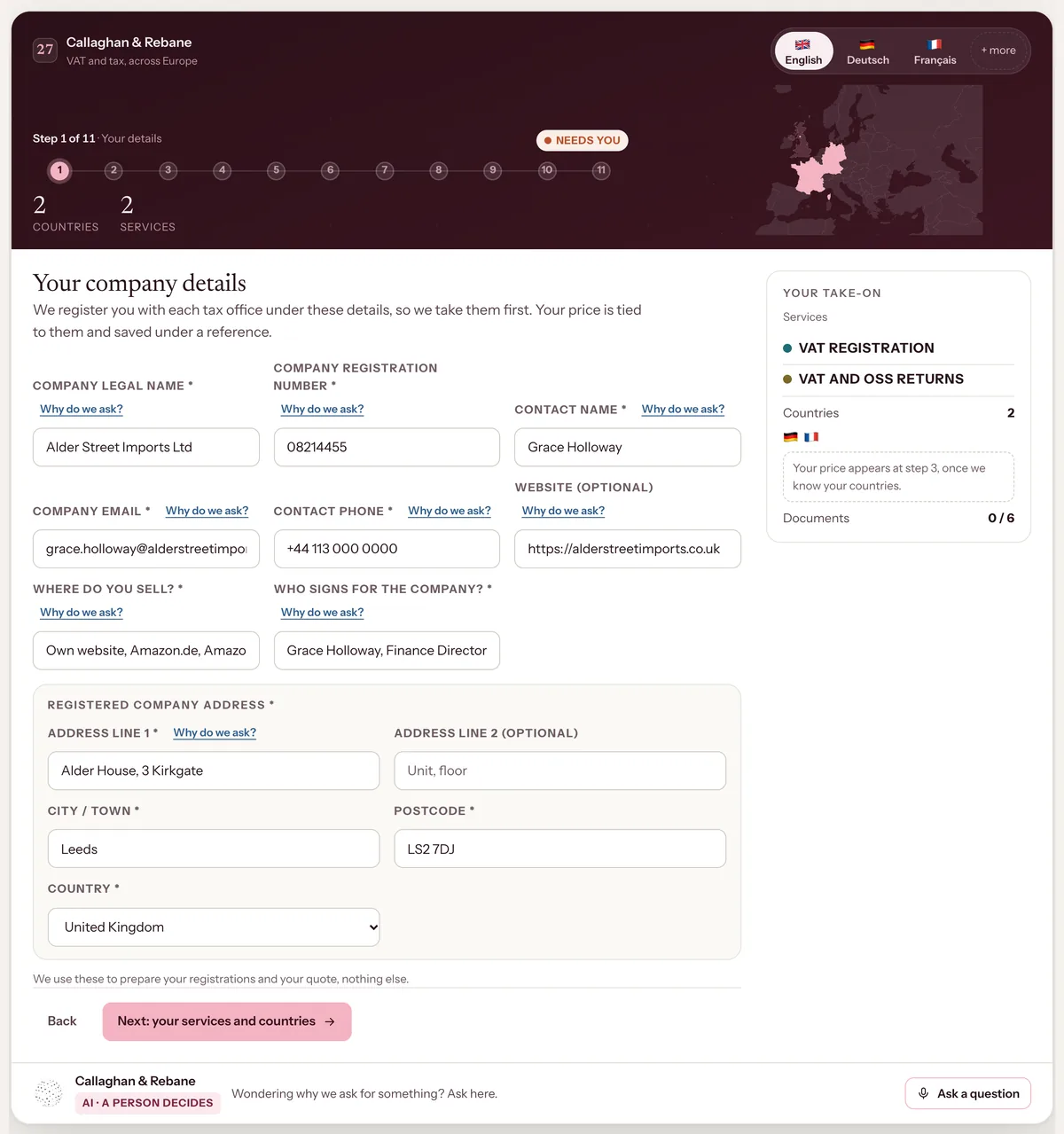 VAT & tax onboarding demo, step 1 of 11: Callaghan & Rebane take on Alder Street Imports Ltd, company details pre-filled, VAT registration and VAT and OSS returns in 2 countries.