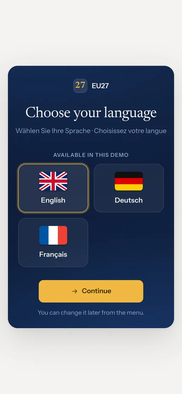 A new client's first screen: choose your language, English, Deutsch or Français