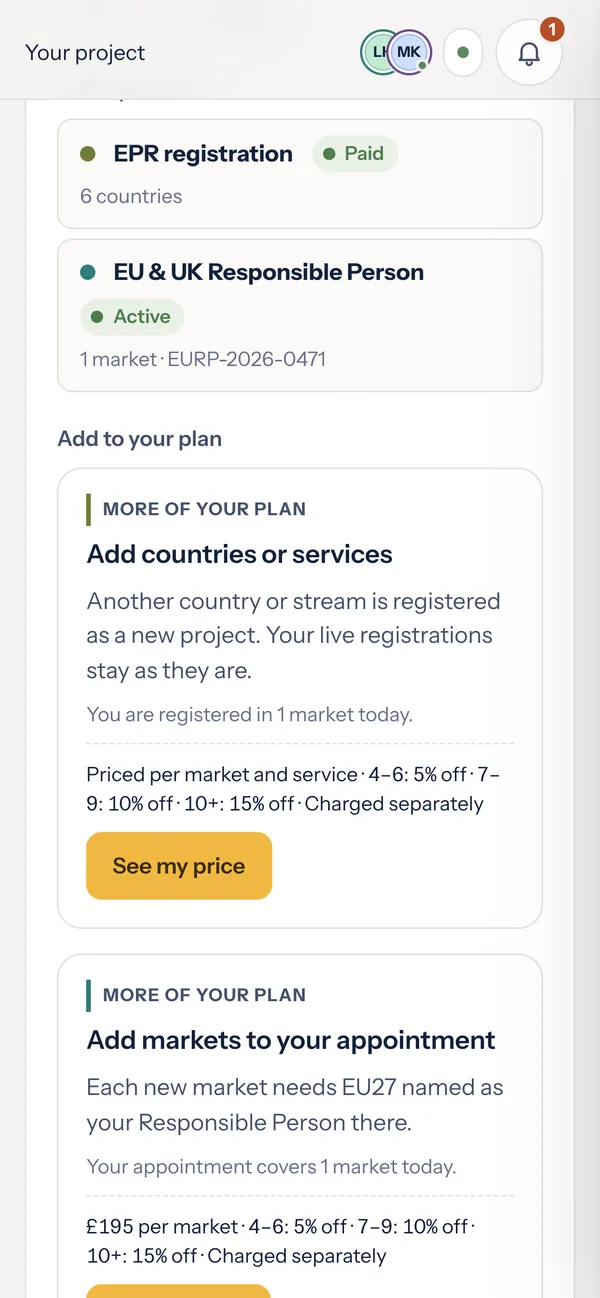 A client's own portal on a phone: what they have, EPR in six countries and a Responsible Person in one market, then what they can add to their plan, each with its price