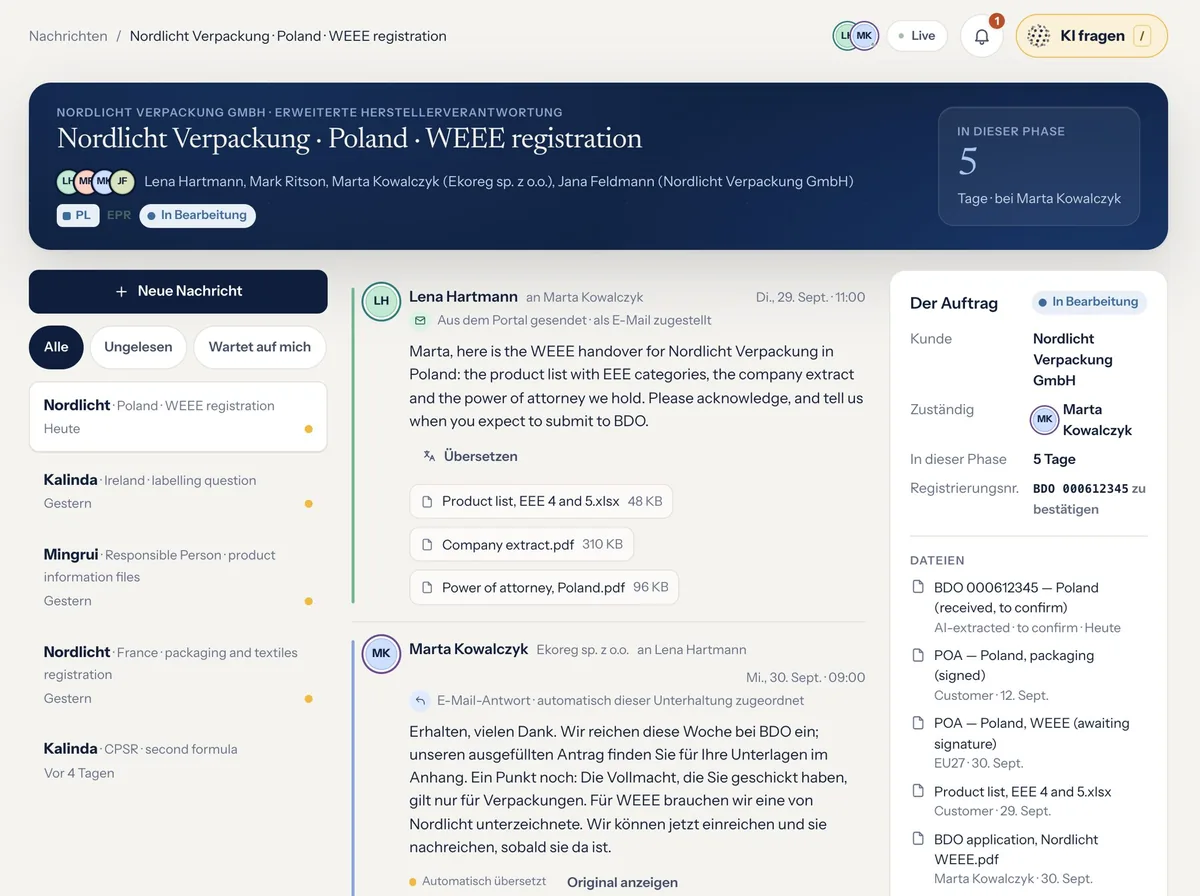 A thread with a German client: each message shown in German with the original beneath