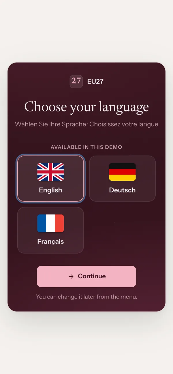 A new client's first screen in the VAT & tax edition: choose your language, English, Deutsch or Français