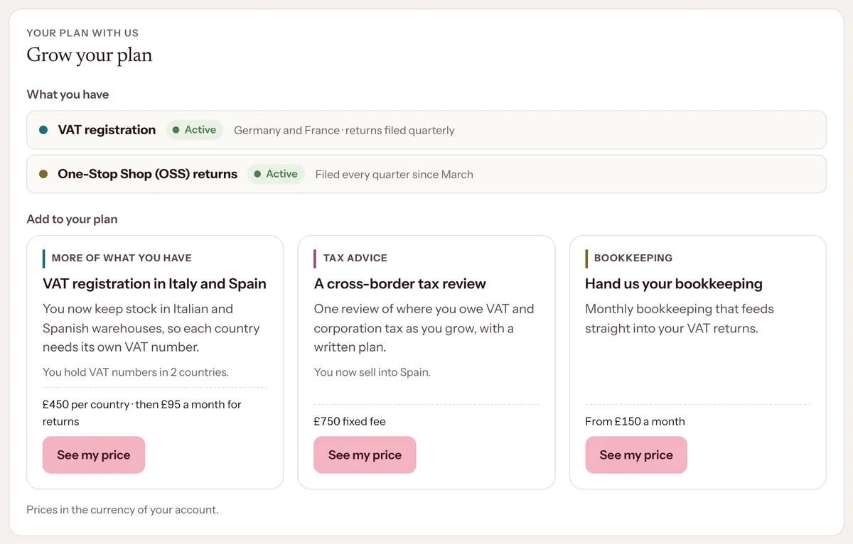 VAT & tax edition, client view: Alder Street Imports Ltd's Grow your plan panel. VAT registration and OSS returns active; offers: Italy and Spain registration, a £750 tax review, bookkeeping from £150 a month.