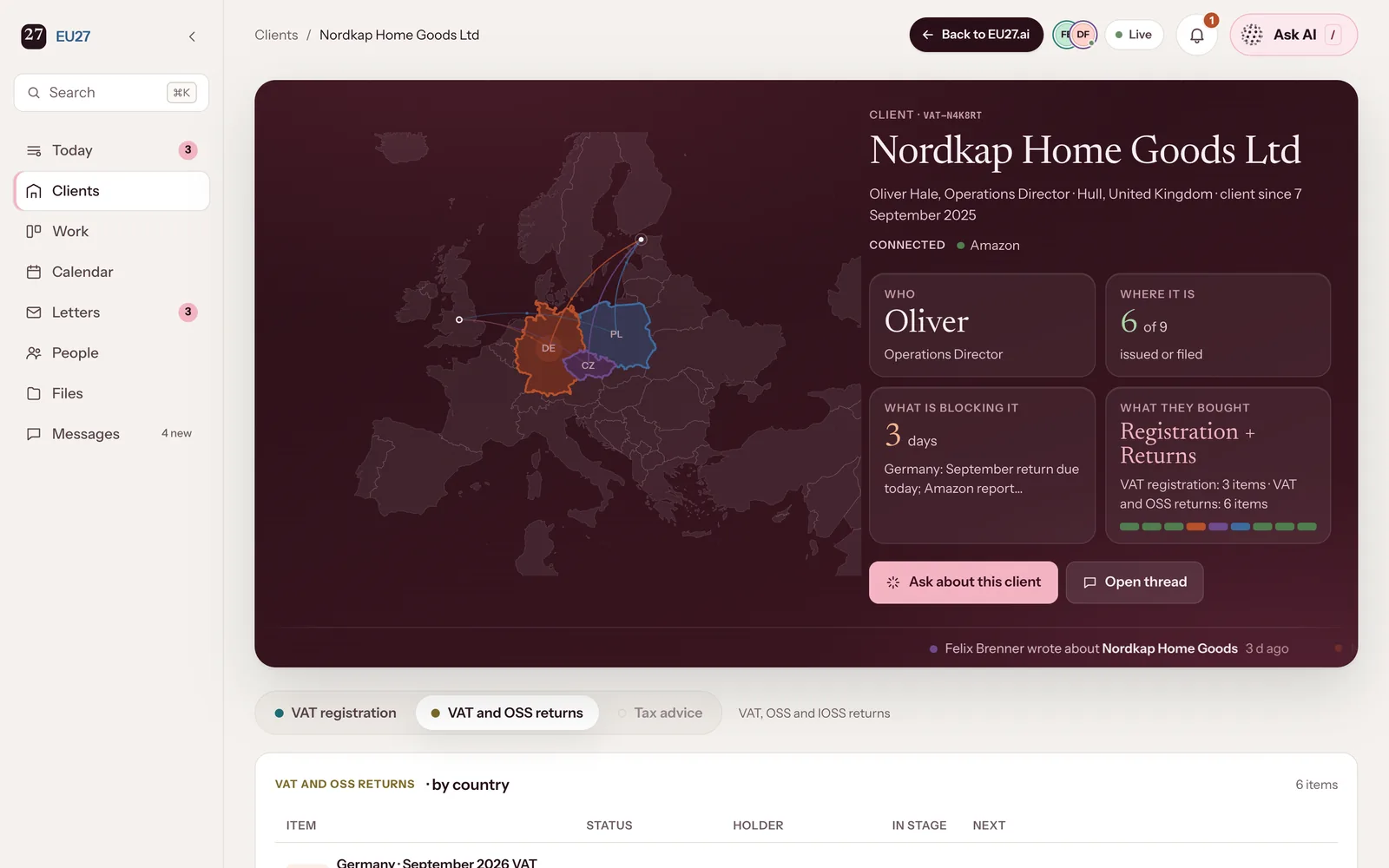 VAT & tax edition, owner's record of Nordkap Home Goods Ltd: map of Germany, Poland and Czechia by status, 6 of 9 issued or filed, Germany's September return due today, Amazon connected.